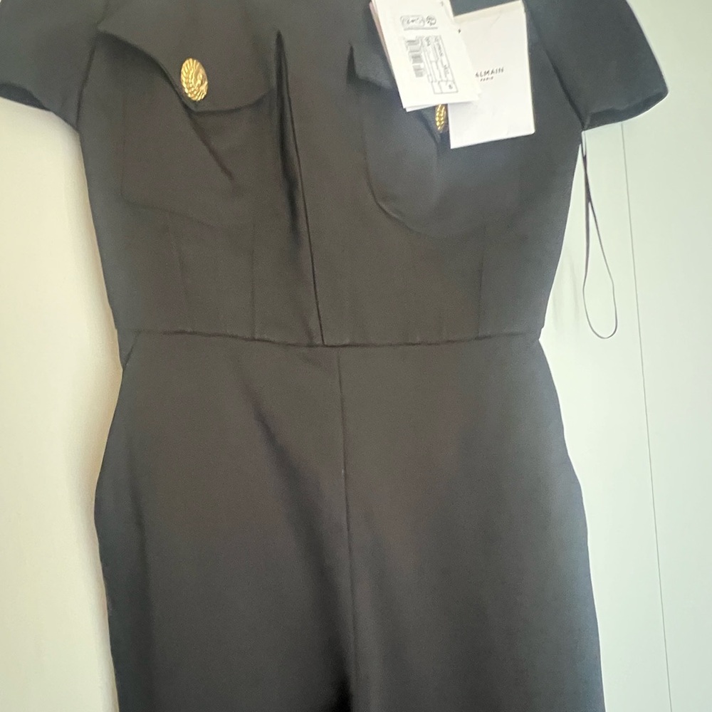 BALMAIN Black Off-Shoulder Jumpsuit with Gold Buttons - Picture 8 of 10
